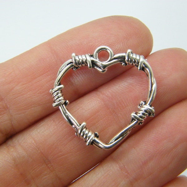 8 Heart barbed wire pendants antique silver tone H136