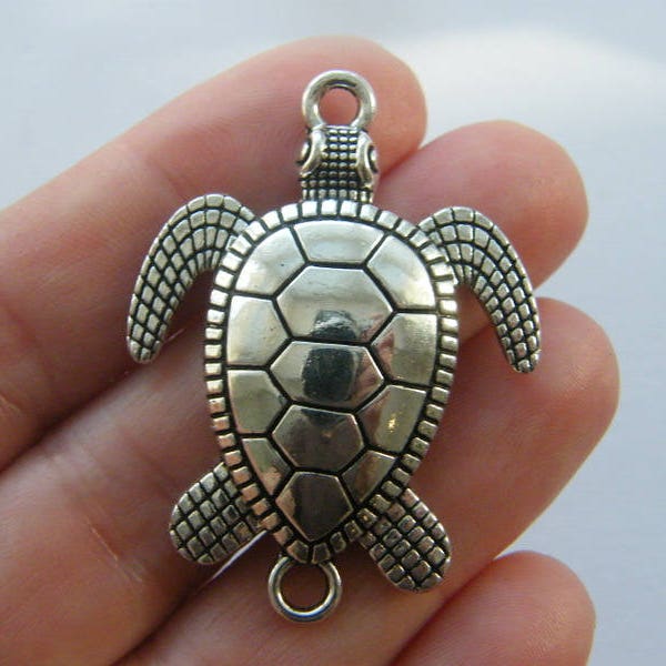 4 Turtle connector charms antique silver tone FF699