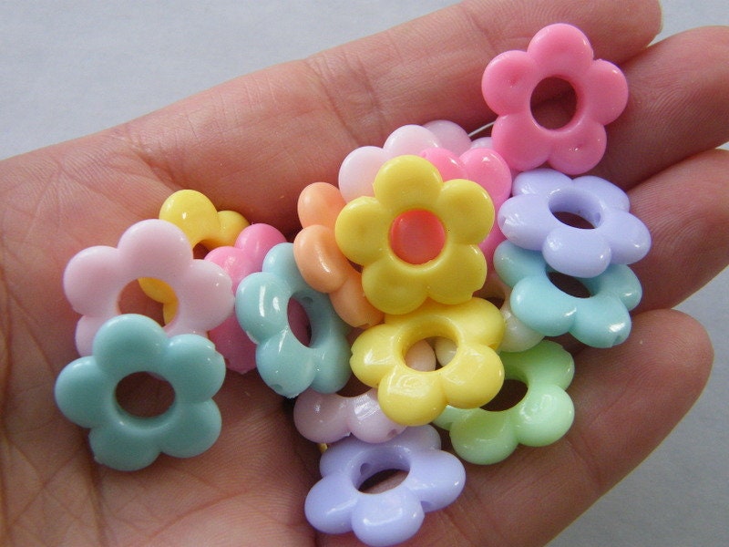 20mm Natural Wood Flower Beads, Dyed Mixed Color Floral Wooden Bead Mix,  Spring Flower, Festive and Fun Flower Jewelry Beads, 2mm Hole