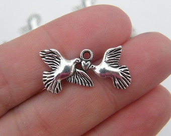 10 Doves and heart charms antique silver tone B93