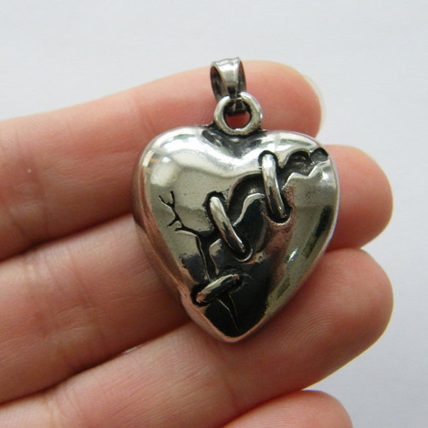 1  Heart broken mended pendant antique silver tone stainless steel H224