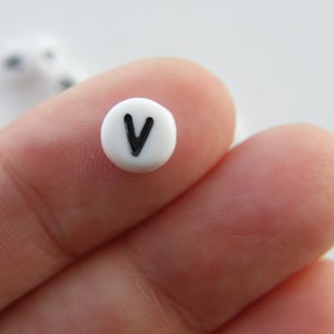 100 Letter V acrylic round alphabet beads white and black