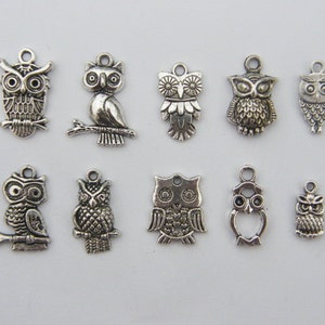 The Ultimate Owl Charms Collection -  10 different antique silver tone owl pendants or charms