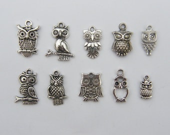 The Ultimate Owl Charms Collection -  10 different antique silver tone owl pendants or charms