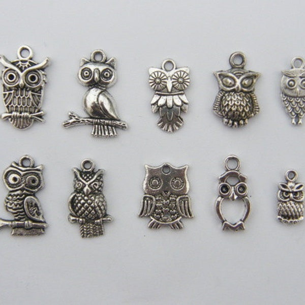 The Ultimate Owl Charms Collection - 10 pendentifs ou breloques de hibou argentés différents