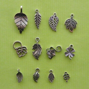 The Leaf Collection - 12 different antique silver tone charms