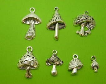 The Mushroom Collection - 7 different antique silver tone charms