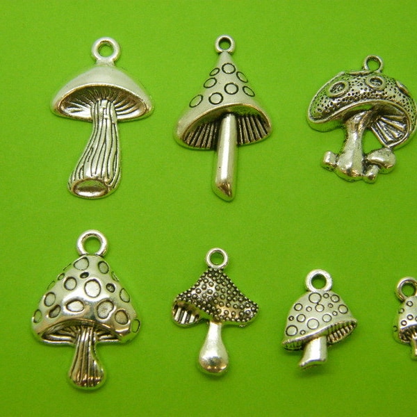 The Mushroom Collection - 7 different antique silver tone charms