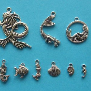 The Big Mermaid Collection - 9 different antique silver tone charms