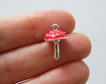 2 Mushroom charms red and silver plated tone L109