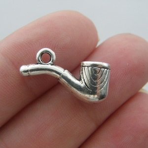 Op de afbeelding: Zilverkleurige pijpbedel met een gedetailleerd ontwerp. De bedel heeft een lus aan de bovenkant om aan een ketting of armband te bevestigen.