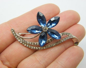 1 Flower blue clear rhinestone  brooch silver tone F108
