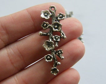 4 Branch with flowers pendants antique silver tone F48