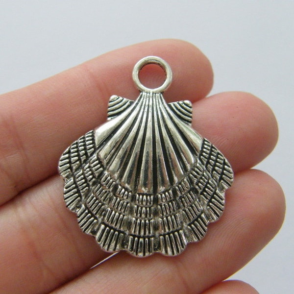 2 Shell scallop pendants antique silver tone FF244