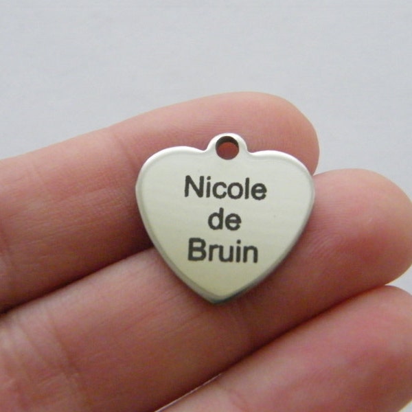 BULK 10 Custom made laser engraving - you choose the words heart tag charm 20 x 20mm stainless steel TAG22