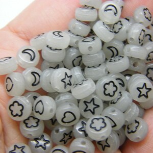 100 Flower moon star heart bead black glow in the dark acrylic AB394  - SALE 50% OFF