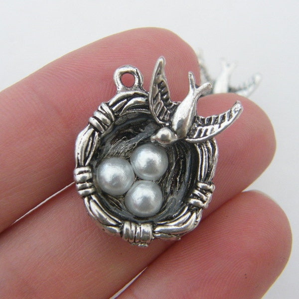 2 Bird nest pendants antique silver tone B60