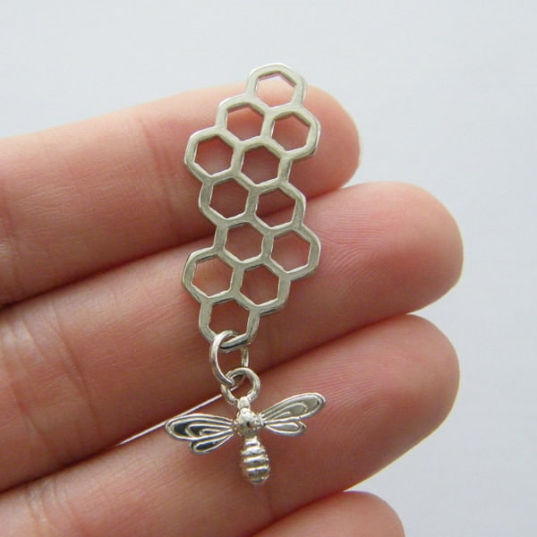 4 Bee and honeycomb charms silver tone A378