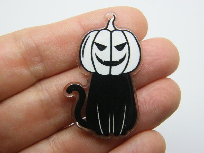 2 Cat Pumpkin Head Halloween Pendant Black Clear White Acrylic HC425