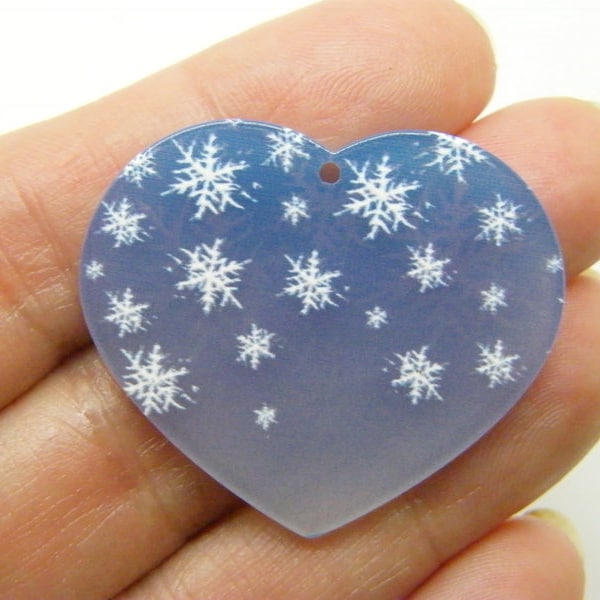 2 Snowflake heart pendants blue white acrylic CT276