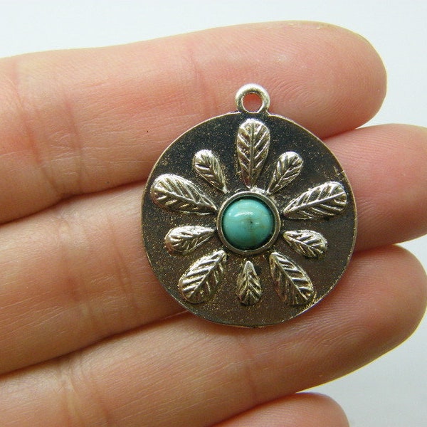 2 Flower pendants blue antique silver tone F44