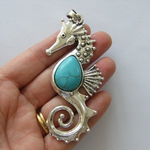 1 Seahorse pendant blue antique silver tone FF445