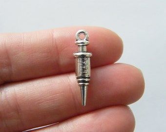 4 Syringe injection charms antique silver tone MD44