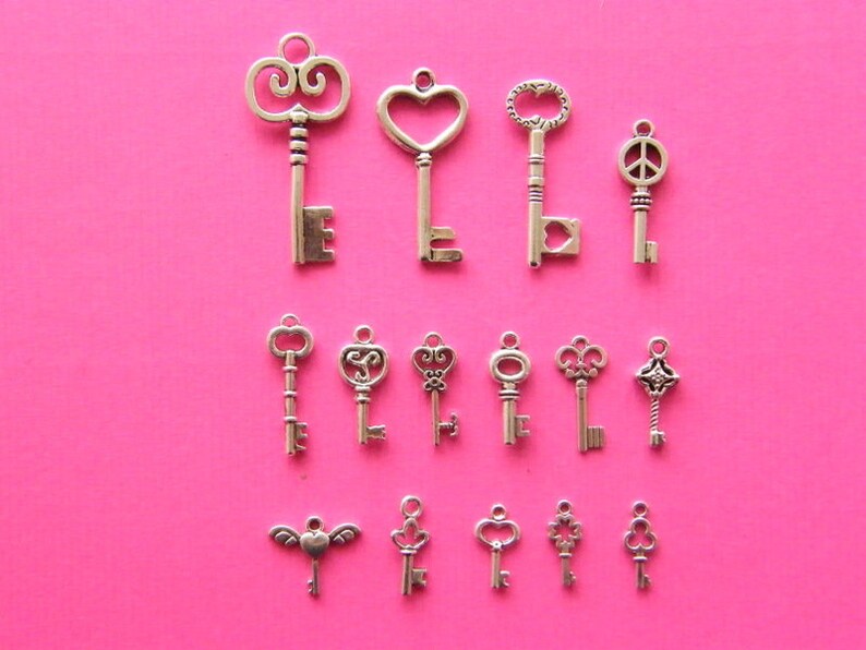 The Ultimate Key Charms Collection 15 different antique silver tone charms image 1