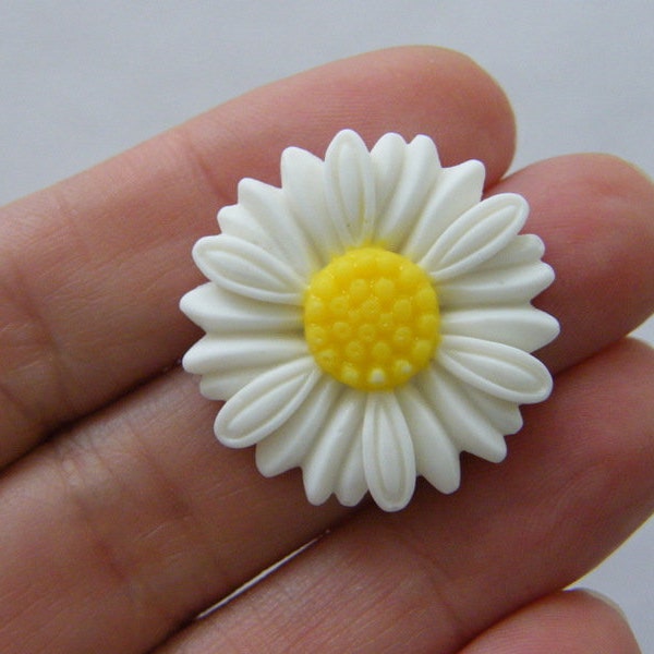 8 Daisy flower embellishment cabochons white yellow resin F368