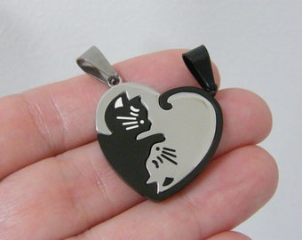 1 Cat 2 Part Heart Charms Black Silver Stainless Steel A790
