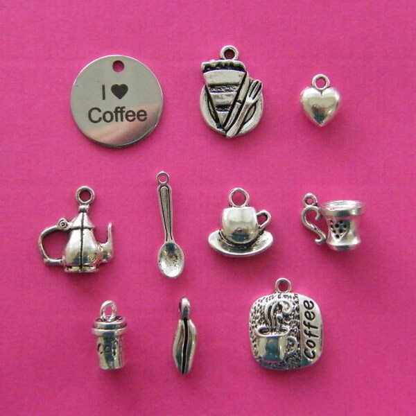 The I love coffee collection - 10 different antique silver tone charms