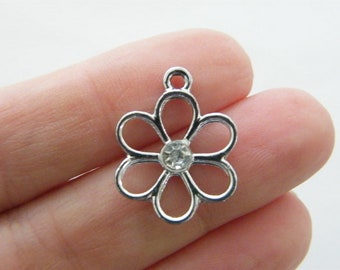 4 Flower rhinestone charms silver tone F98