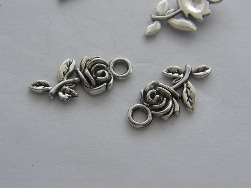 10 Rose Charms Antique Silver Tone F57 