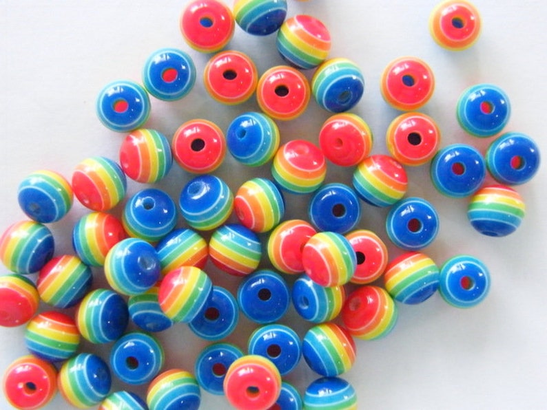 50 Striped rainbow resin 8mm beads AB130 image 3
