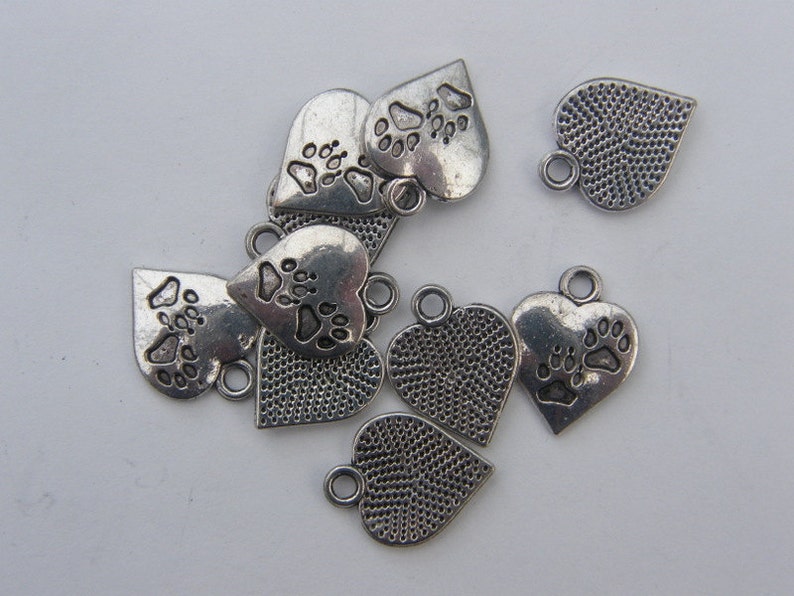 10 Heart with paw prints charms antique silver tone A477 image 3