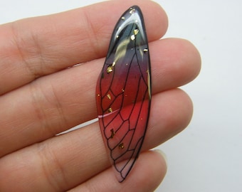 2 Dragonfly wing pendants blue pink red clear resin A1170