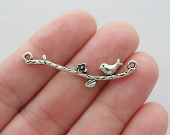 12 Bird on a branch connector charms antique silver tone B132