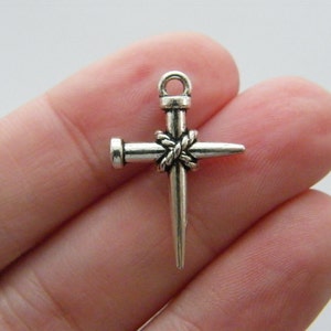 BULK 50 Cross nail rope charms antique silver tone C74