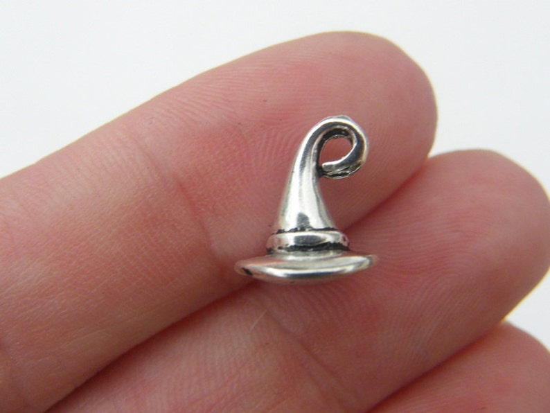 6 Witch wizard hat charms antique silver tone HC102 image 1