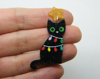 2 Christmas cat star pendants  black  acrylic CT228