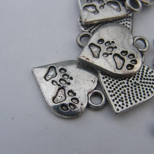 10 Heart with paw prints charms antique silver tone A477 image 5