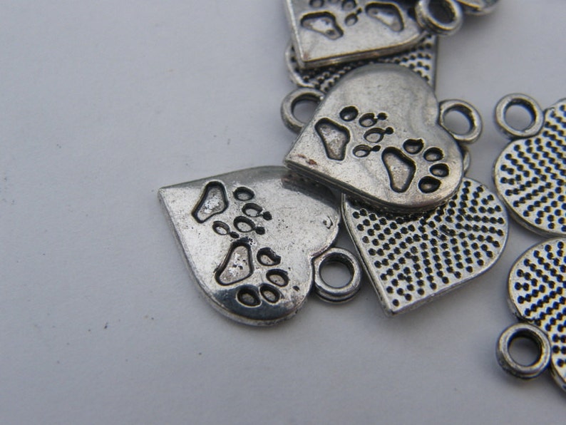 10 Heart with paw prints charms antique silver tone A477 image 5