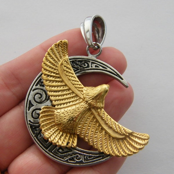 1 Eagle moon pendant gold and antique silver tone stainless steel B351