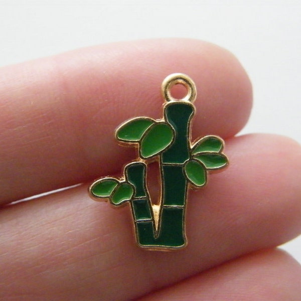 12 Bamboo shoot charms green gold tone T38