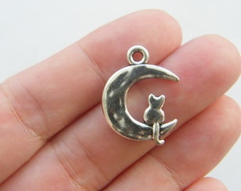 8 Cat moon charms  antique silver tone A859