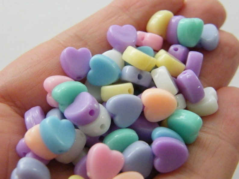 100 Acrylic heart 8mm RANDOM pastel beads AB23 image 2