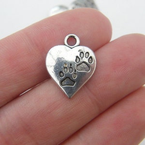 10 Heart with paw prints charms  antique silver tone A477