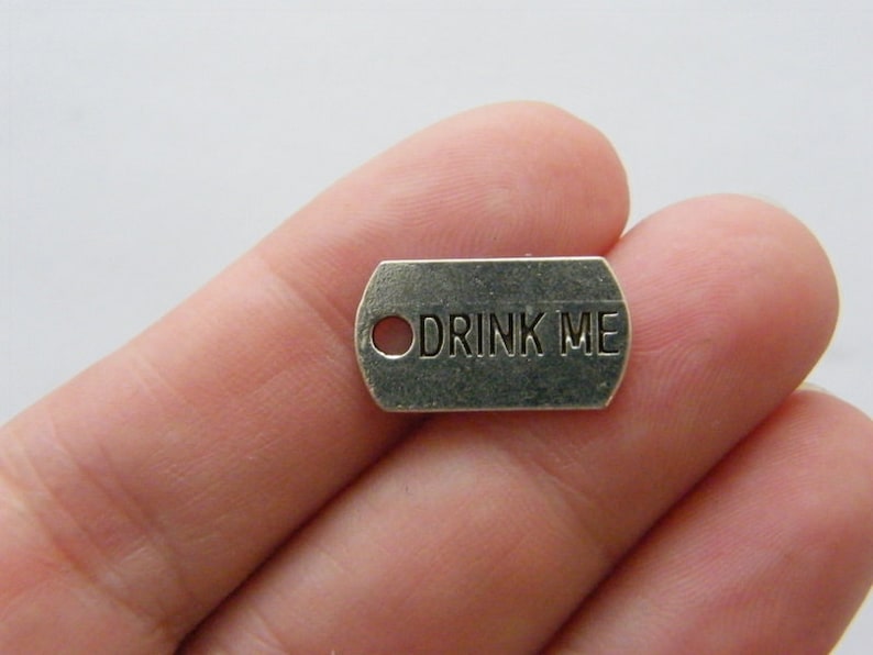 BULK 50 Drink me tag charms antique silver tone M95