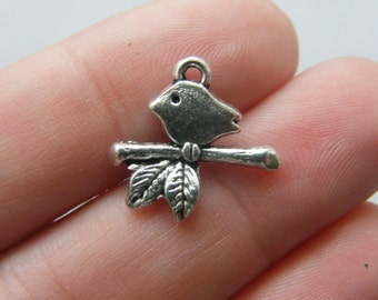 10 Bird on a branch charms antique silver tone B66