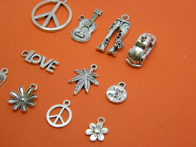 The Hippie Peace Charm Collection 11 different antique silver tone charms image 3